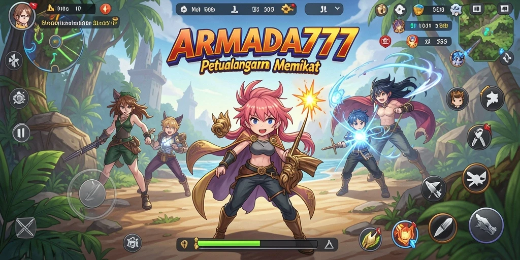 Tangkapan layar gameplay ARMADA777 menampilkan aksi seru dan karakter anime yang memukau.