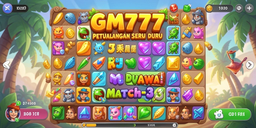 Screenshot gameplay GM777 menunjukkan tantangan Match-3 yang seru.