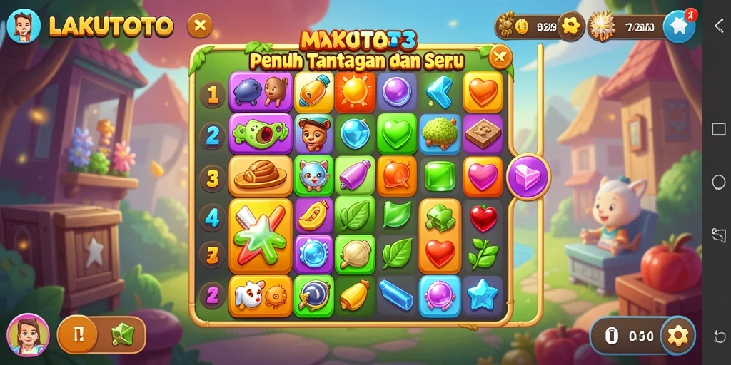 Screenshot utama gameplay LAKUTOTO yang menampilkan momen seru permainan Match-3.