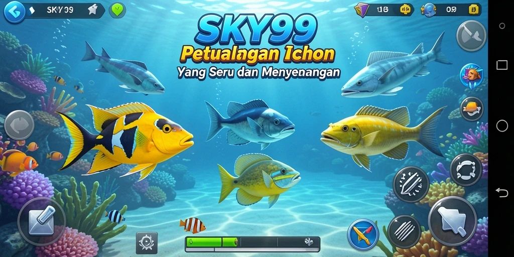 Gameplay seru dalam SKY99 dengan menembak ikan berwarna-warni.