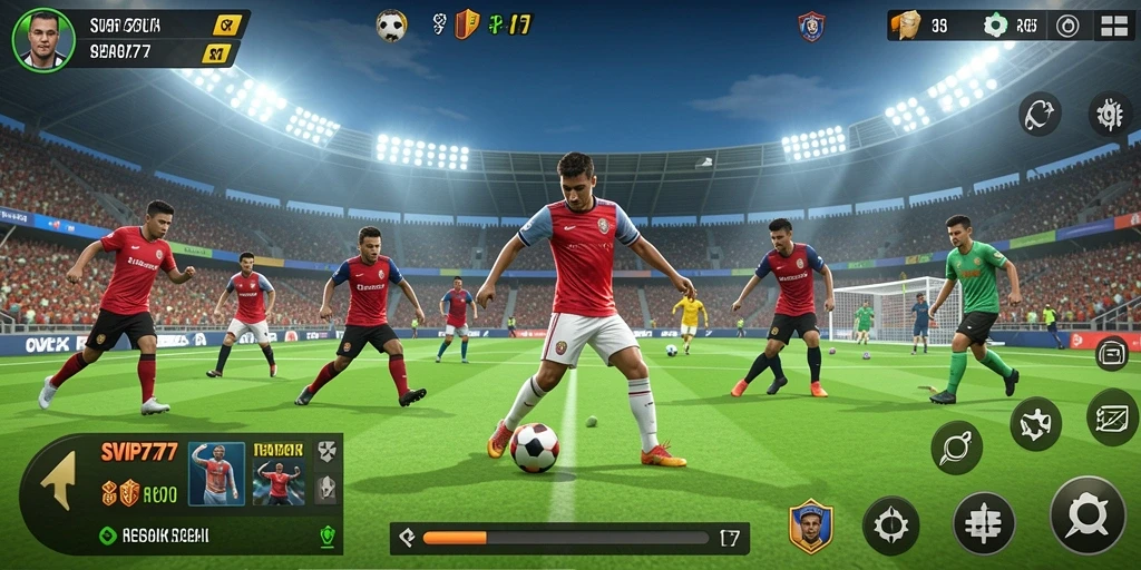 Tangkapan layar gameplay SVIP777 menampilkan aksi mendebarkan di lapangan sepak bola.